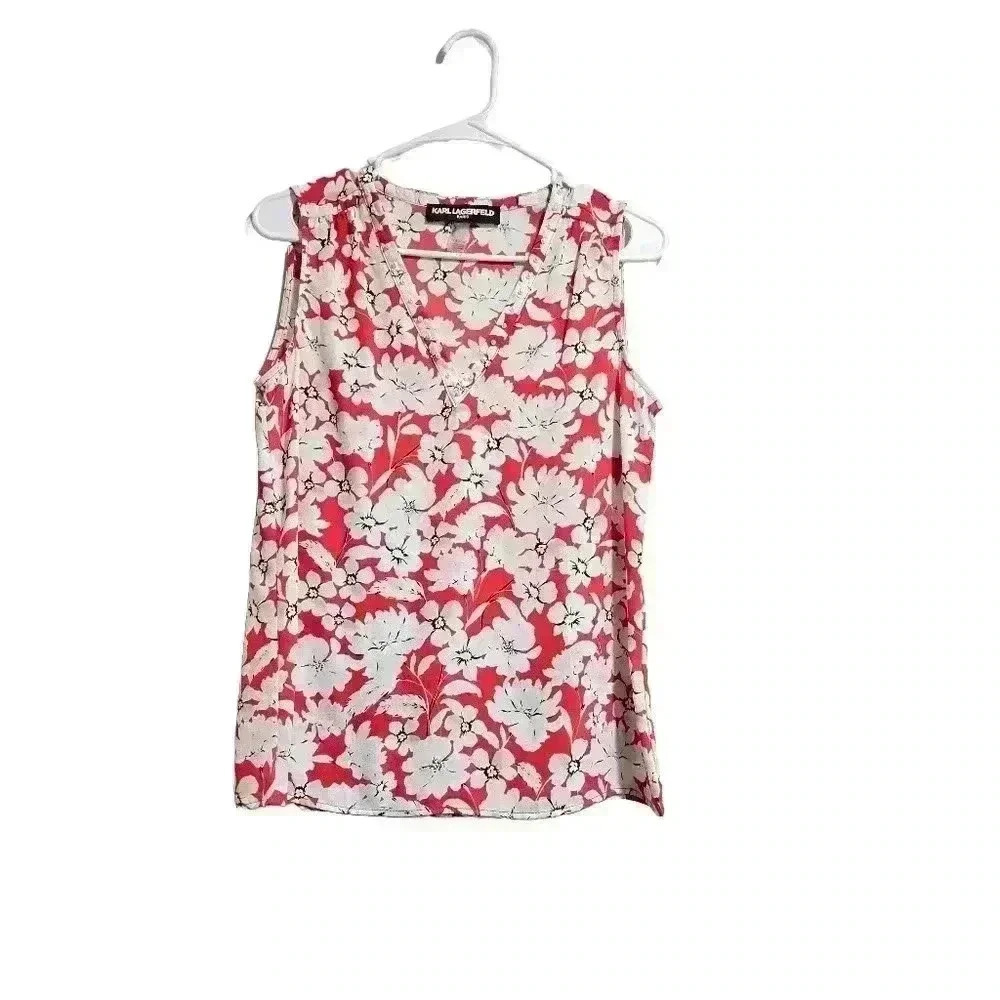 Karl Lagerfeld Red Floral Sleeveless Blouse - Women's Designer Summer Top